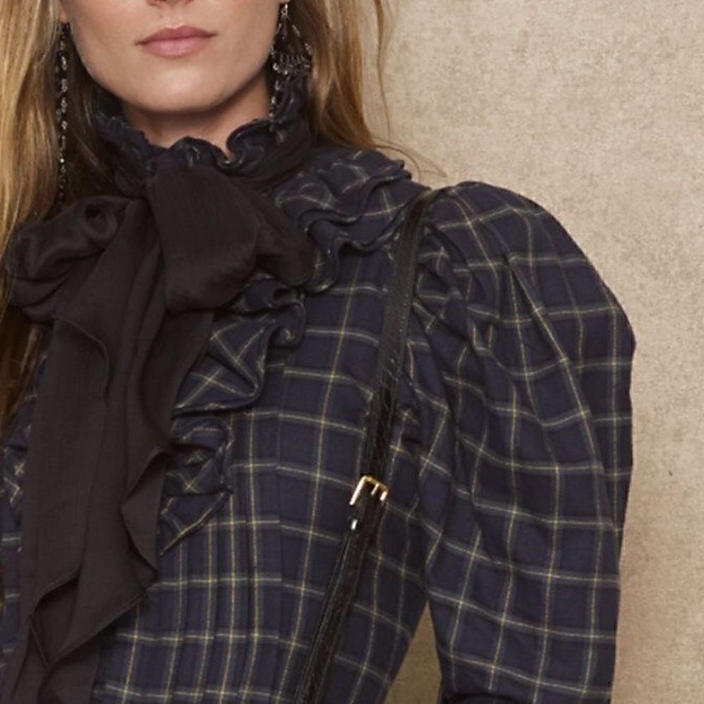 Ralph Lauren NWT Navy Blue Multi Cotton Check Plaid Ruffle Tie Neck Blouse
